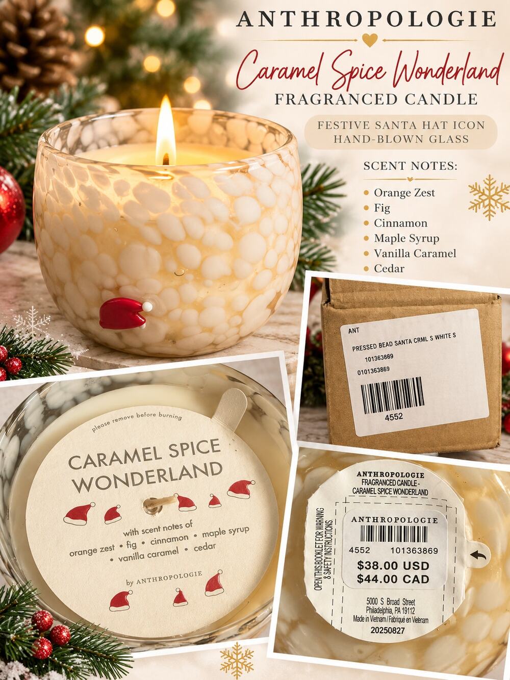 Anthropologie Santa Hat Festive Icon Caramel Spice Wonderland Glass Candle NIB